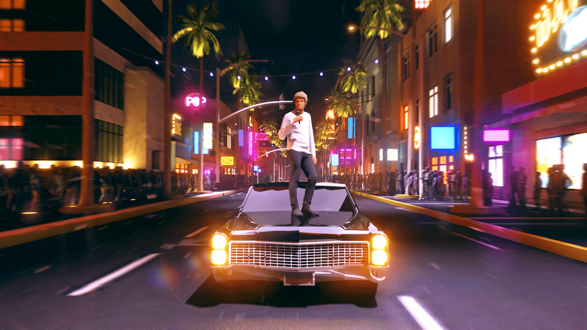 Justin Bieber on car in vibrant nighttime city street