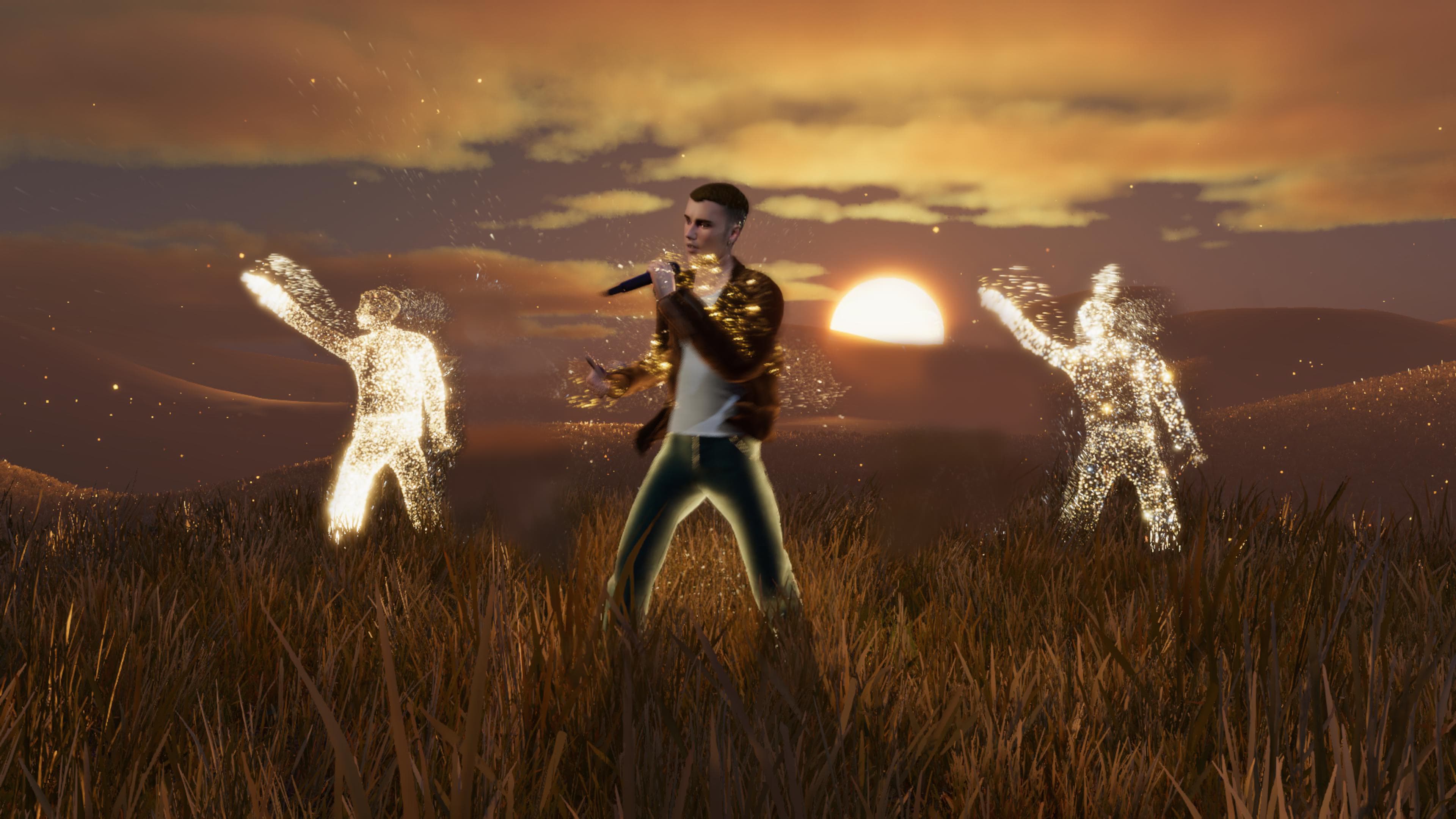 Justin Bieber performing in golden field at sunset