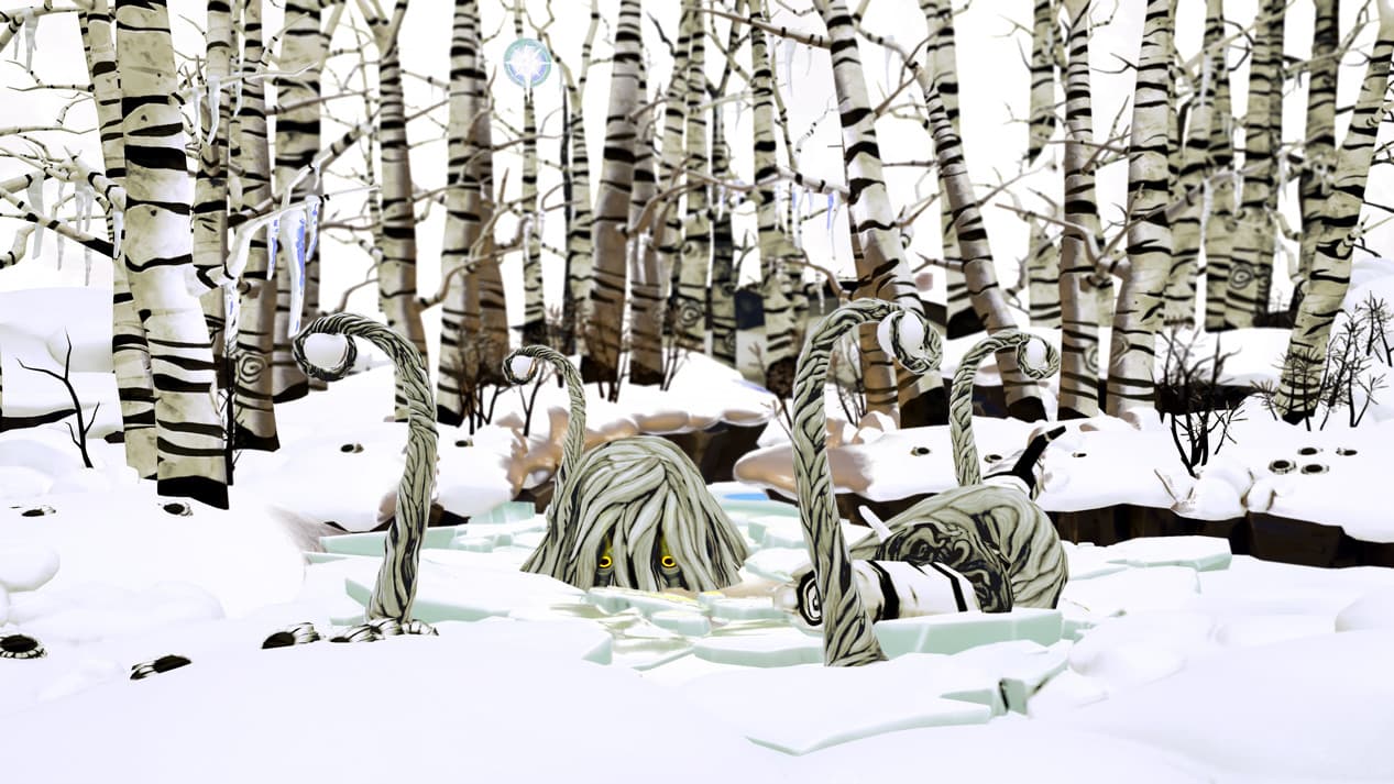 Winter birch forest with stylized creatures