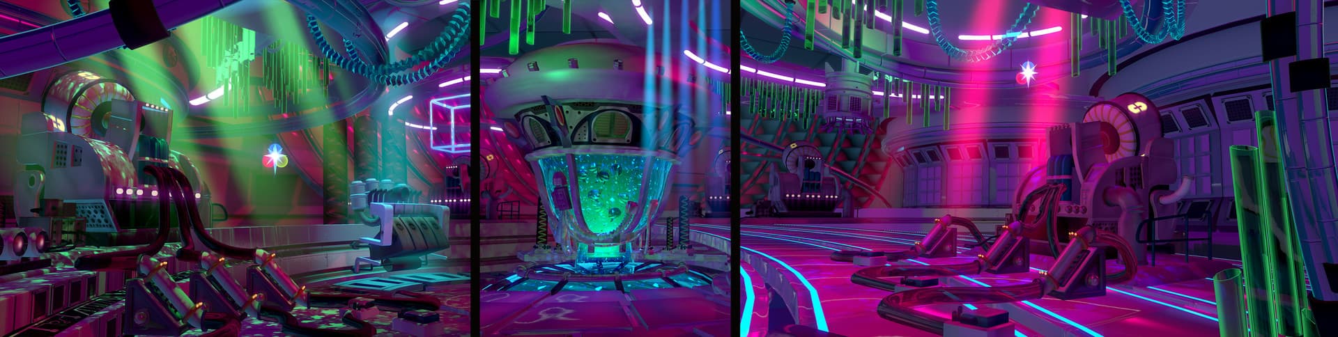 Wide panoramic view of neon-lit interactive spaces