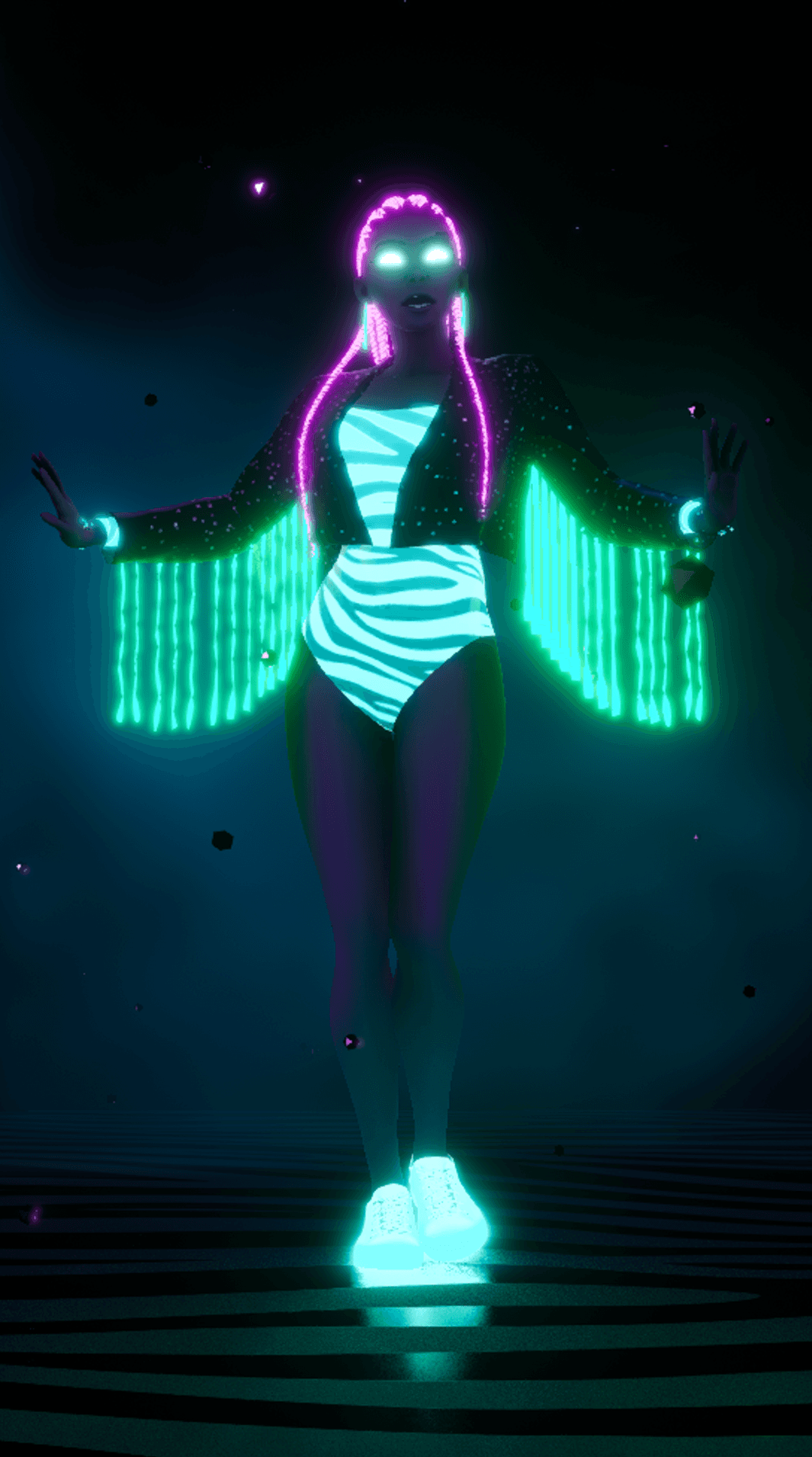 Full body shot in neon striped outfit