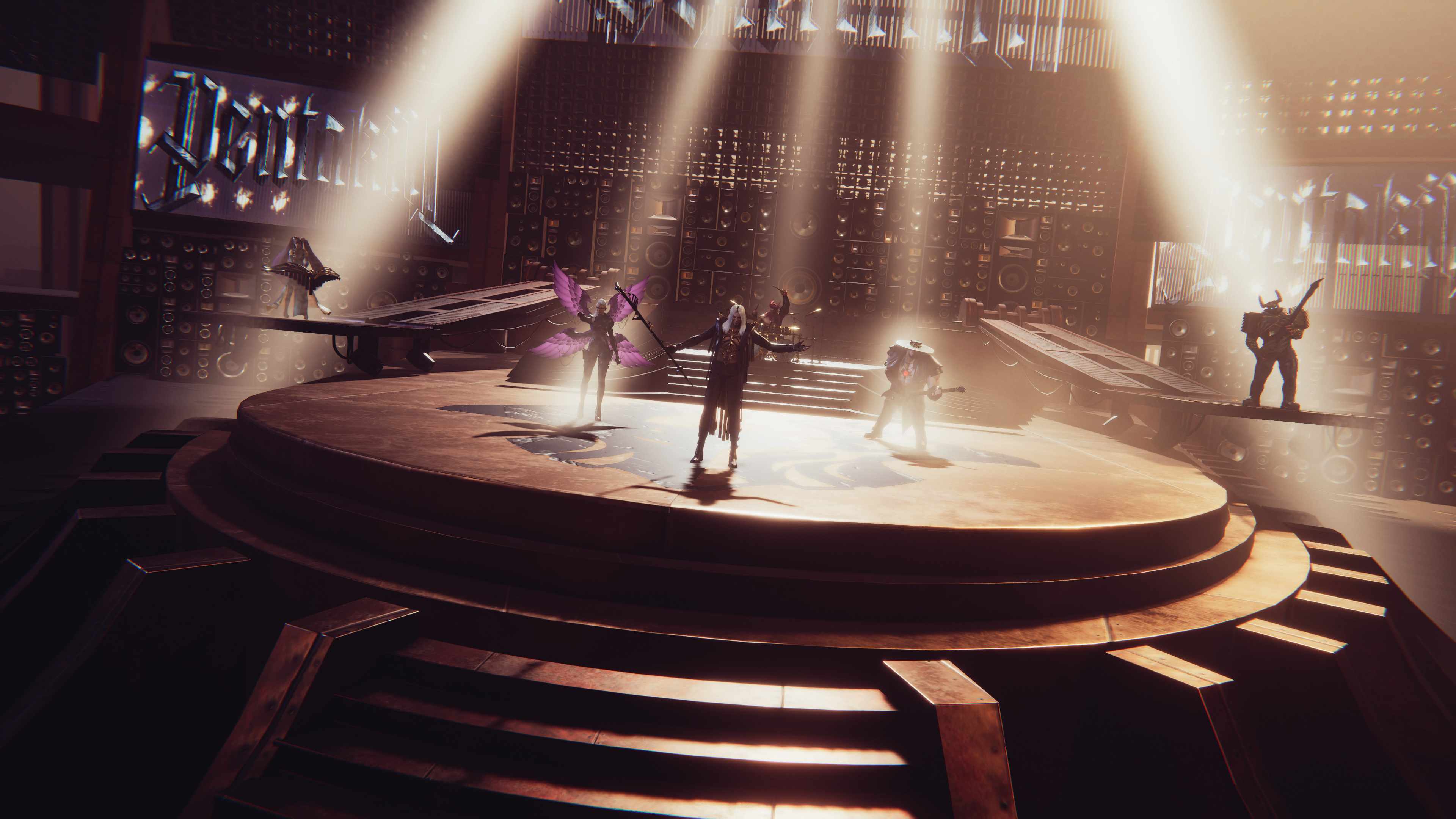 Pentakill band on circular stage with dramatic golden lighting