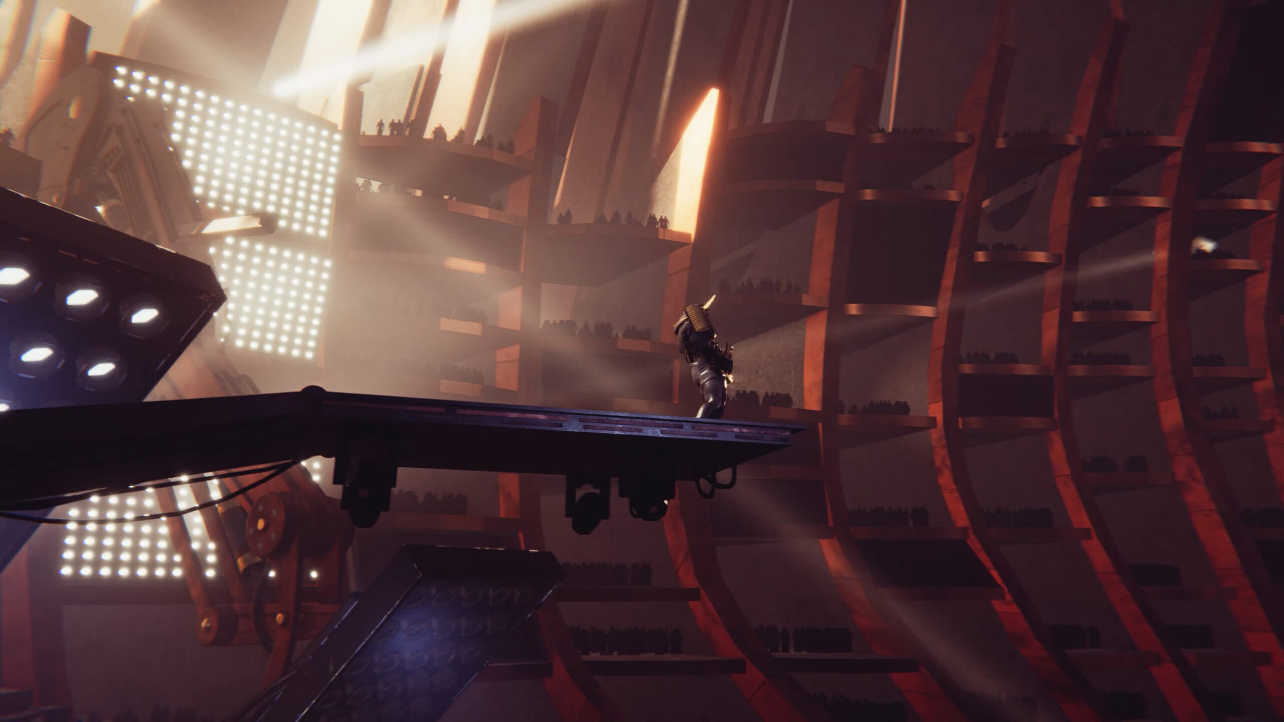 Single performer on elevated platform with orange lighting