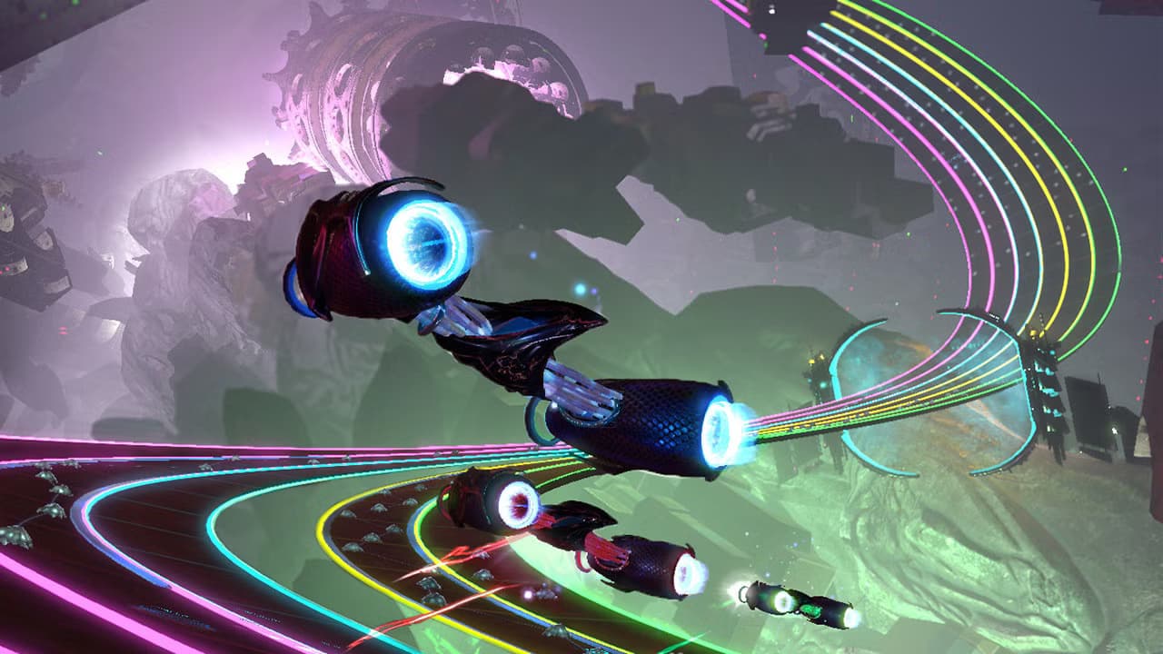 Psychedelic glowing ships racing through neon lanes in orange, green, and purple