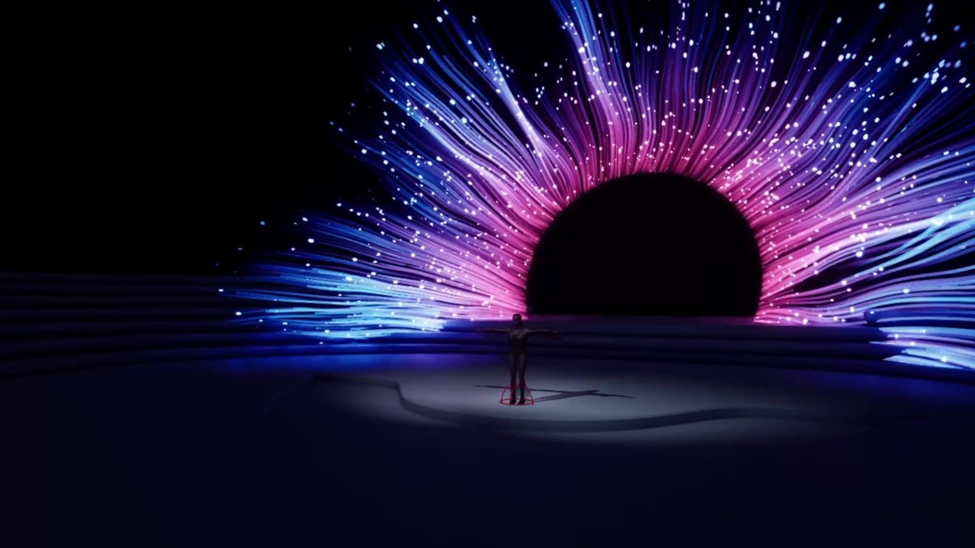 Performer under massive semi-circular radiant light burst effect
