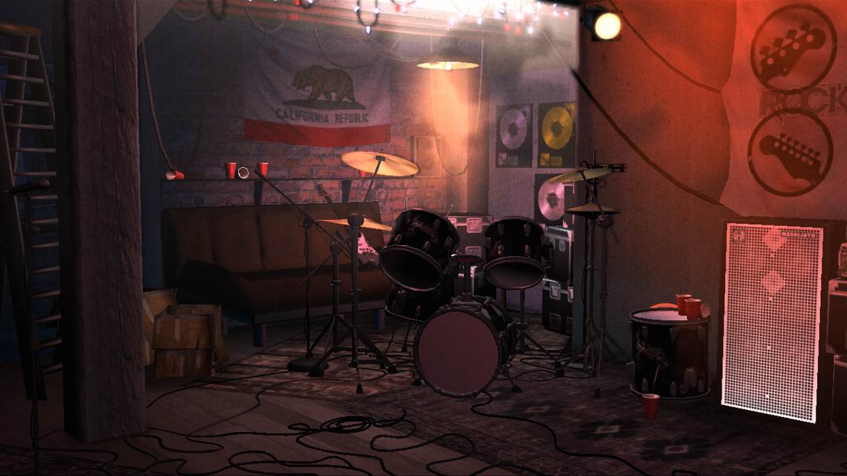 Menu backdrop: practice space, drum kit