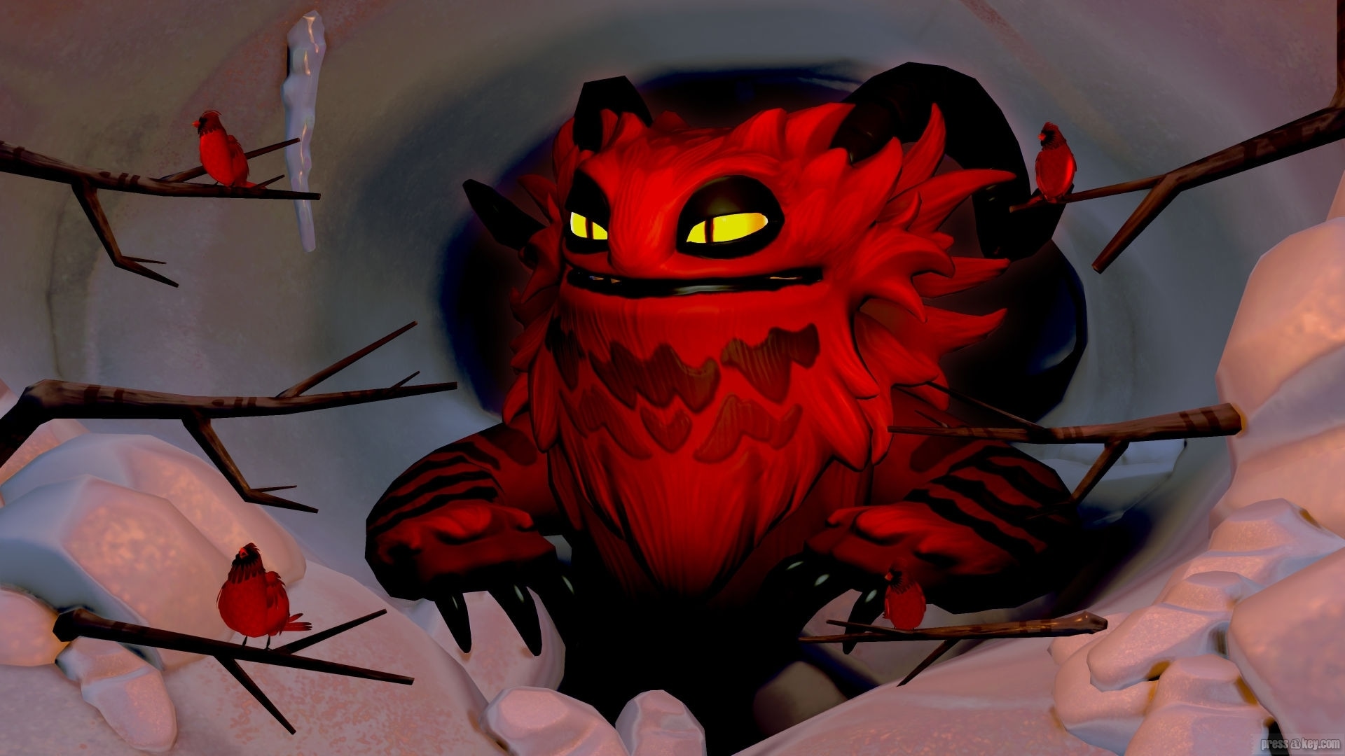 Red snow creature with cardinals